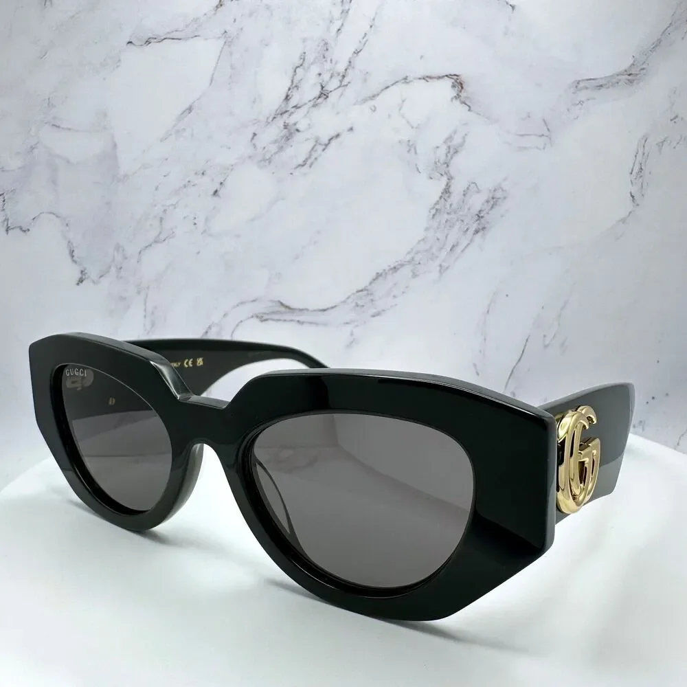 New Gucci Sunglasses Black Cat Eye Gold GG Logo Womens
